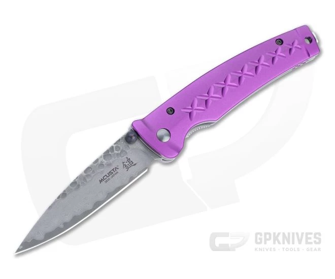 Mcusta Fusion San Mai Damascus Purple Aluminum Liner Lock Folding Knife 0162D
