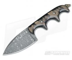 Alan Folts Custom Minimalist Drop Point Neck Knife Brown Pearl Kirinite Reptilian Damascus