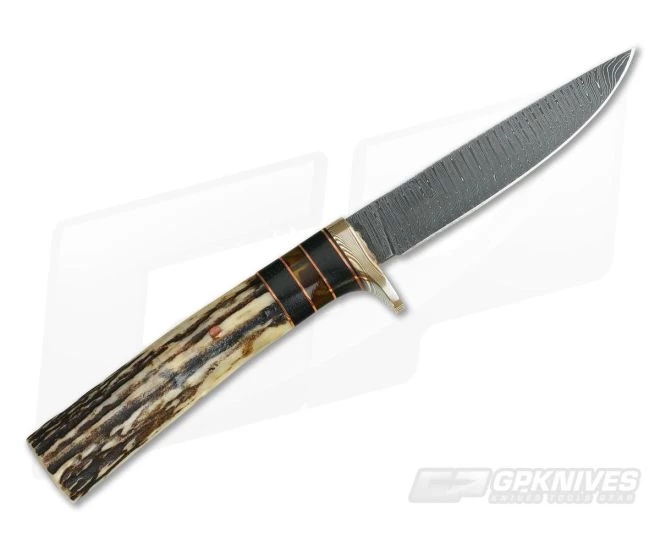 Burr Oak Custom Neck Knife Tight Twist Damascus Mokume Ebony Amber & Stag - Image 3