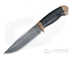 Olamic Cutlery Voykar HT Stacked Leather Bronze Fittings Damascus Fixed Blade