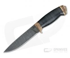Olamic Cutlery Suna Stacked Leather Bronze Fittings Damascus Fixed Blade