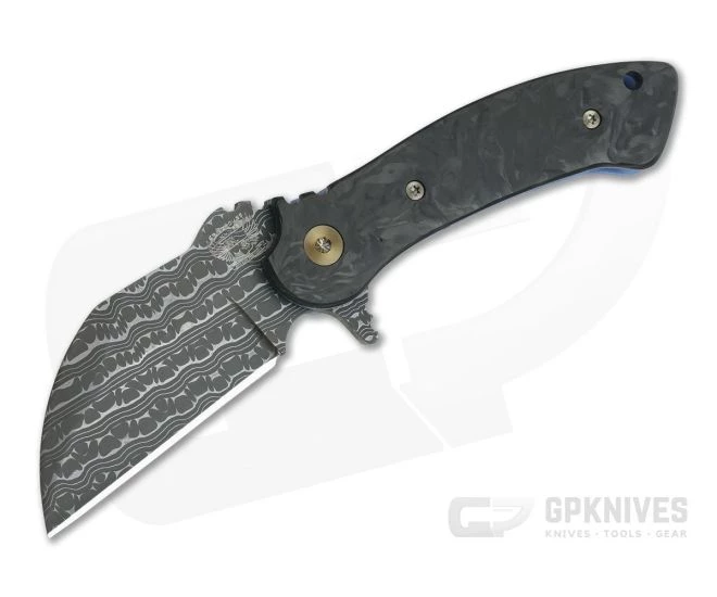 Grindhouse Knives TMAx #10 Nichols Iguana Damascus Marbled Carbon Fiber Blue Titanium Flipper
