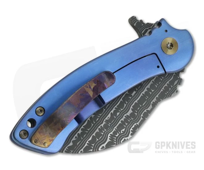 Grindhouse Knives TMAx #10 Nichols Iguana Damascus Marbled Carbon Fiber Blue Titanium Flipper - Image 2