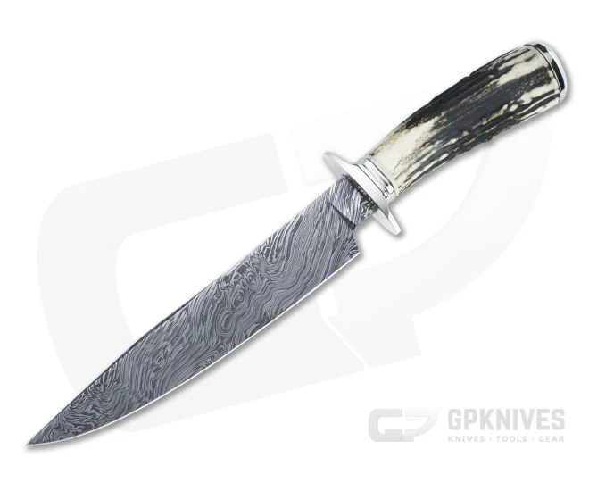 Bill Miller Custom Large Fighter Carbon Damascus Sambar Stag Fixed Blade 4534