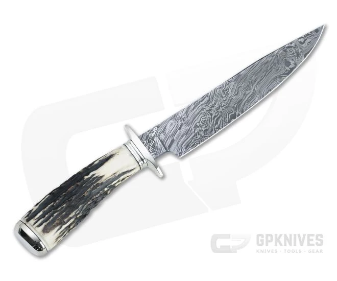 Bill Miller Custom Large Fighter Carbon Damascus Sambar Stag Fixed Blade 4534 - Image 3