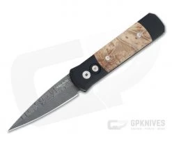 Protech Custom LTD Godson Automatic Nichols Damascus Maple Burl Inlaid Folder 706-DAMA-01