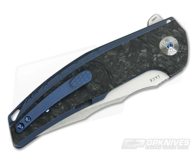 Reate Knives JACK Integral Satin M390 Marbled Carbon Fiber Blue Titanium Frame Lock Flipper - Image 2