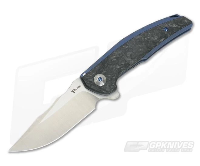 Reate Knives JACK Integral Satin M390 Marbled Carbon Fiber Blue Titanium Frame Lock Flipper