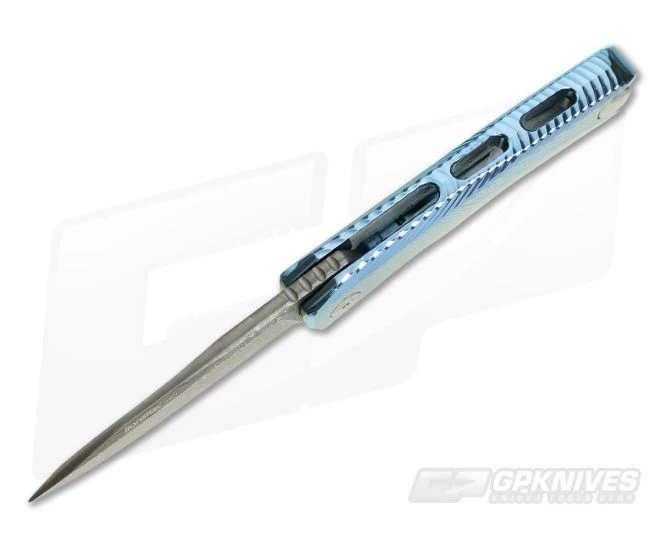 LionSteel ROK H.WAYL Hidden Clip Blue Titanium Damascus Flipper ROK DD BL - Image 3