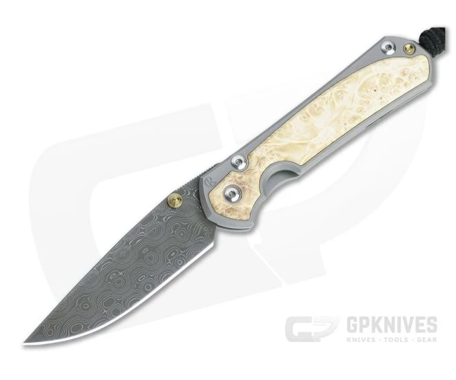 Chris Reeve Small Sebenza 31 Raindrop Damascus Box Elder Inlaid Titanium Folding Knife 002